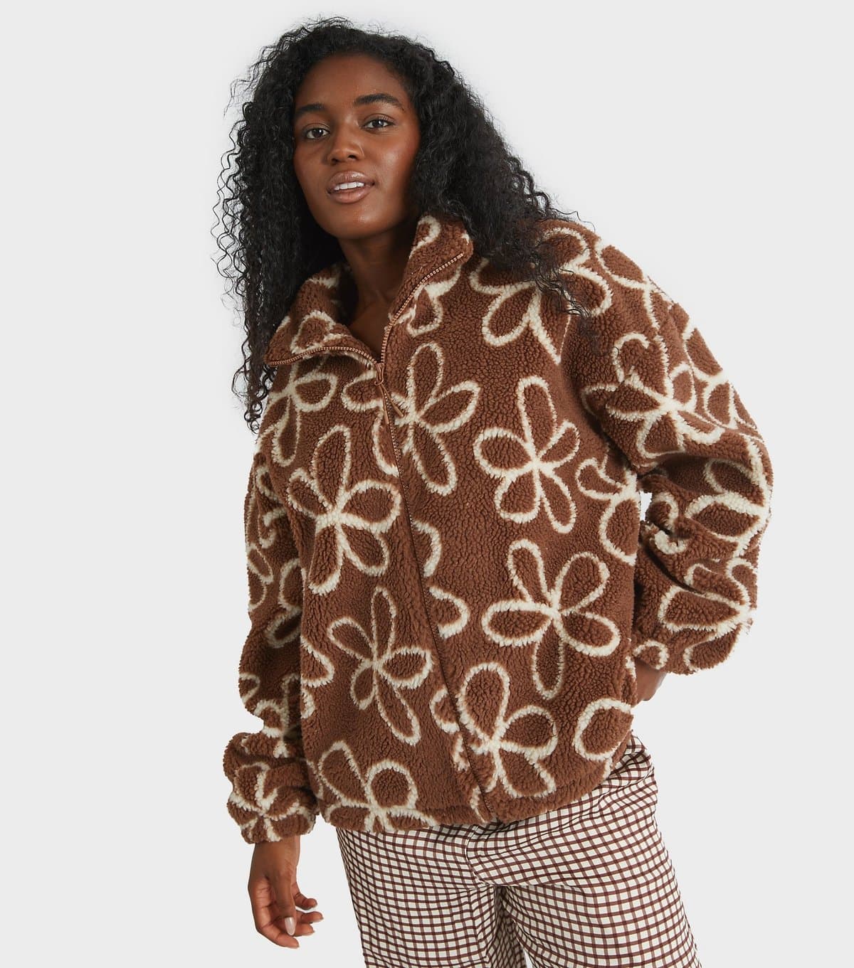 Skinnydip Women's Light Brown Doodle Flower Borg Jacket Skinnydip New Look