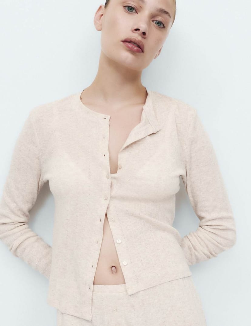 Marks & Spencer M&S Cotton Blend Pointelle Lounge Cardigan Oatmeal - 1