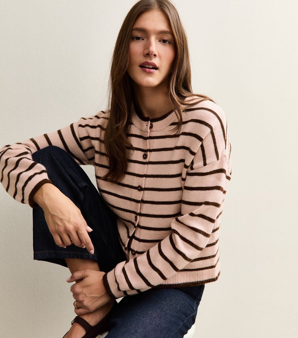 New Look Women's Pink Striped Crew Neck Cardigan New Look