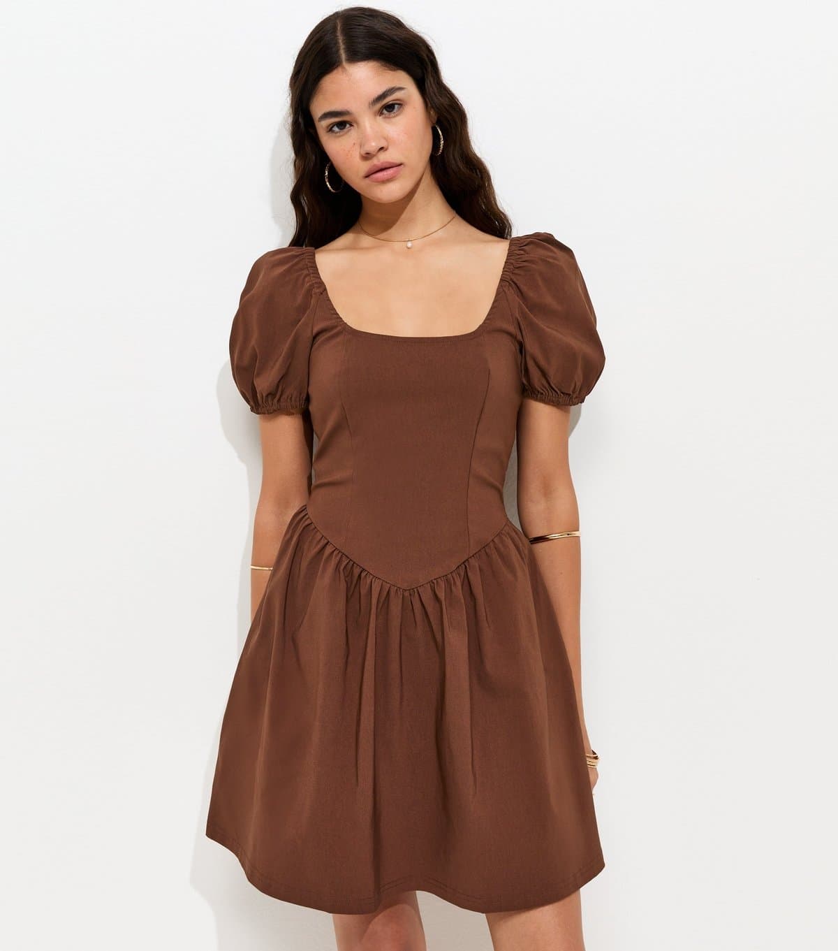 New Look Women's Dark Brown Puff Sleeve V Waist Mini Dress New Look