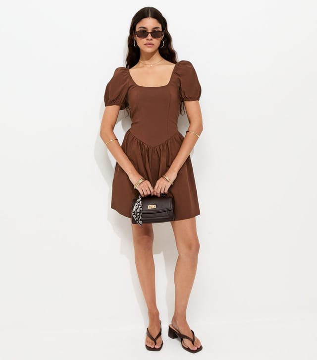 New Look Women's Dark Brown Puff Sleeve V Waist Mini Dress New Look - 2