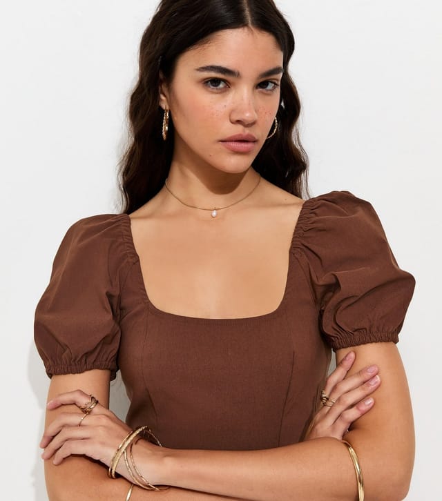 New Look Women's Dark Brown Puff Sleeve V Waist Mini Dress New Look - 3