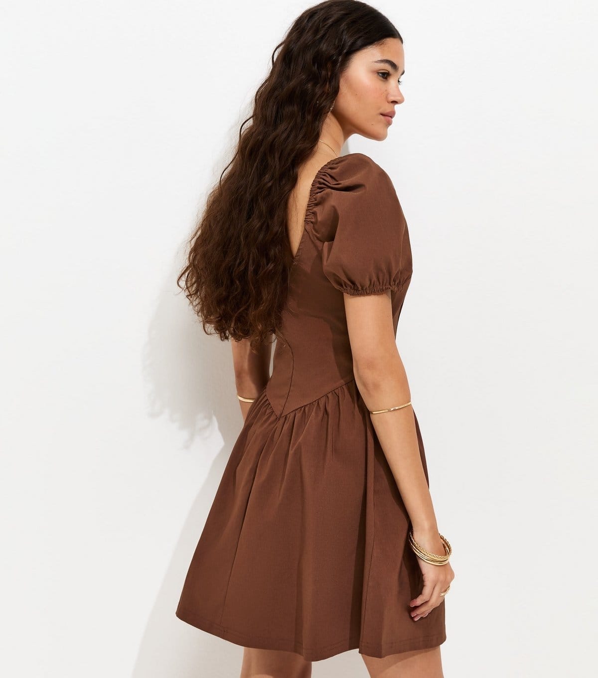 New Look Women's Dark Brown Puff Sleeve V Waist Mini Dress New Look - 4