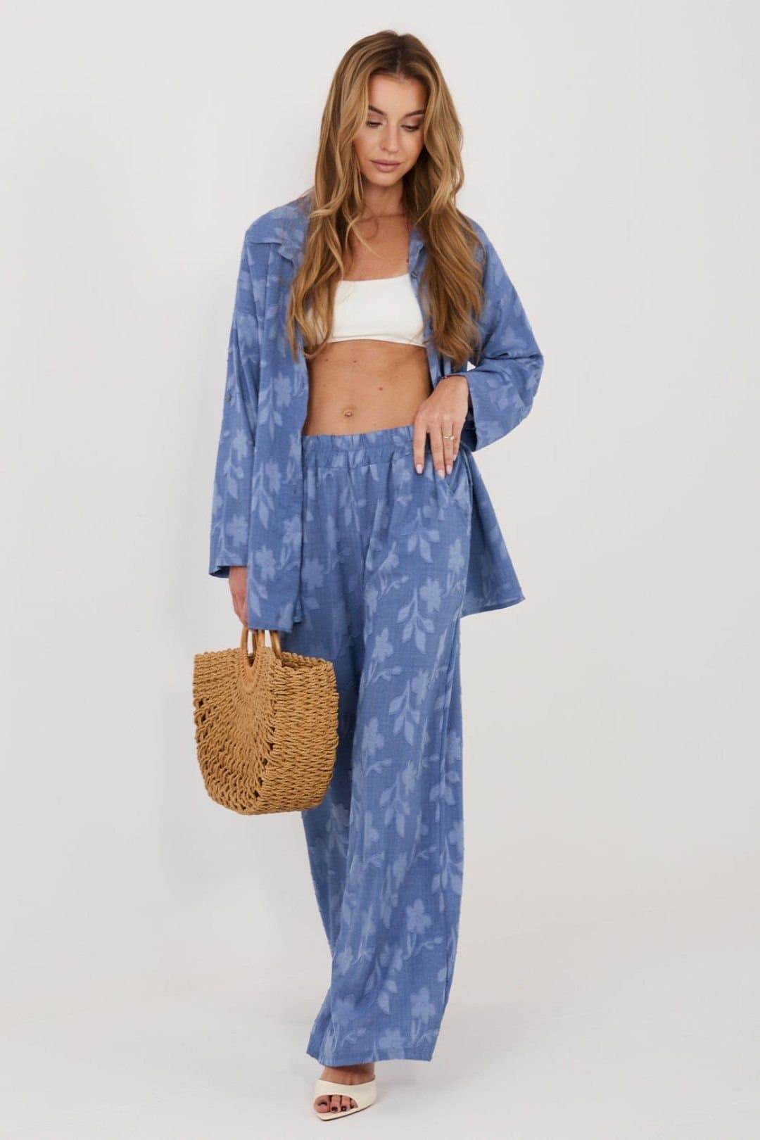 Love Lace Love Lace Women's Long Sleeve Collared Shirt & Pant Set in Blue