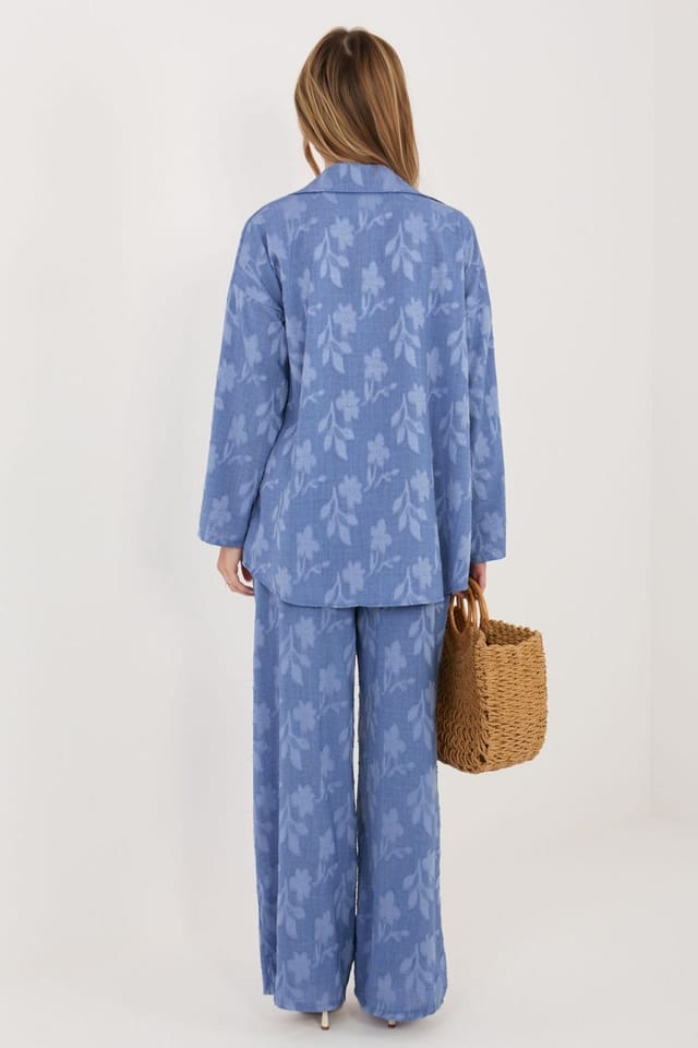 Love Lace Love Lace Women's Long Sleeve Collared Shirt & Pant Set in Blue - 3