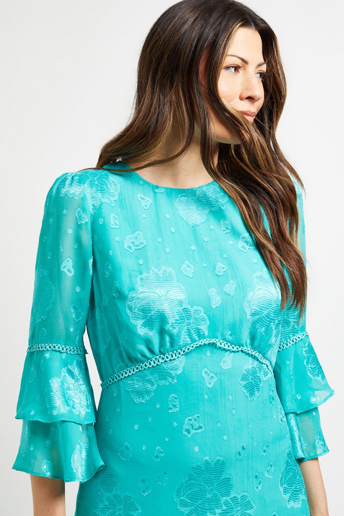 Wallis Wallis Women's Burn Out Ruffle Sleeve Midi Dress in Turquoise - 4