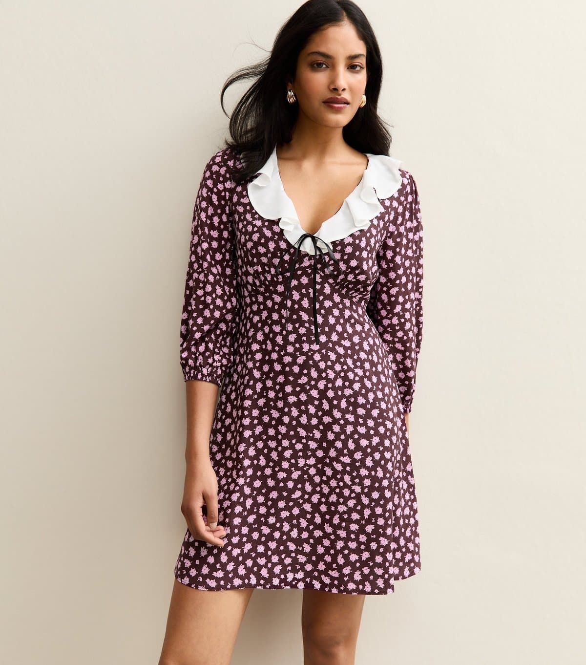 New Look Women's Purple Floral Print Frill Neck Mini Dress New Look