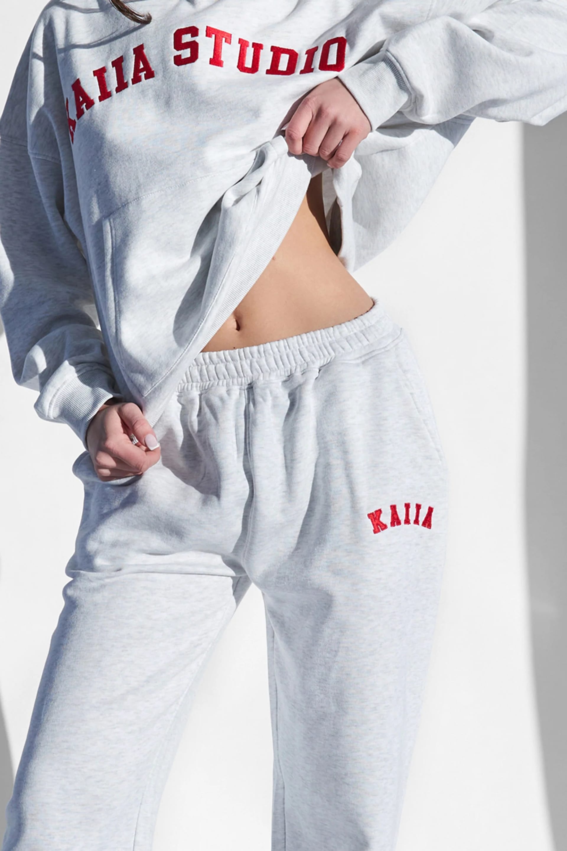 Kaiia Kaiia Logo Wide Leg Joggers Light Grey Marl and Red - 4