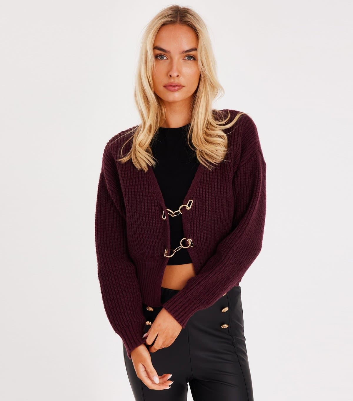 Quiz Women's Burgundy Ribbed Knit Hook Fastening Cardigan Quiz New Look