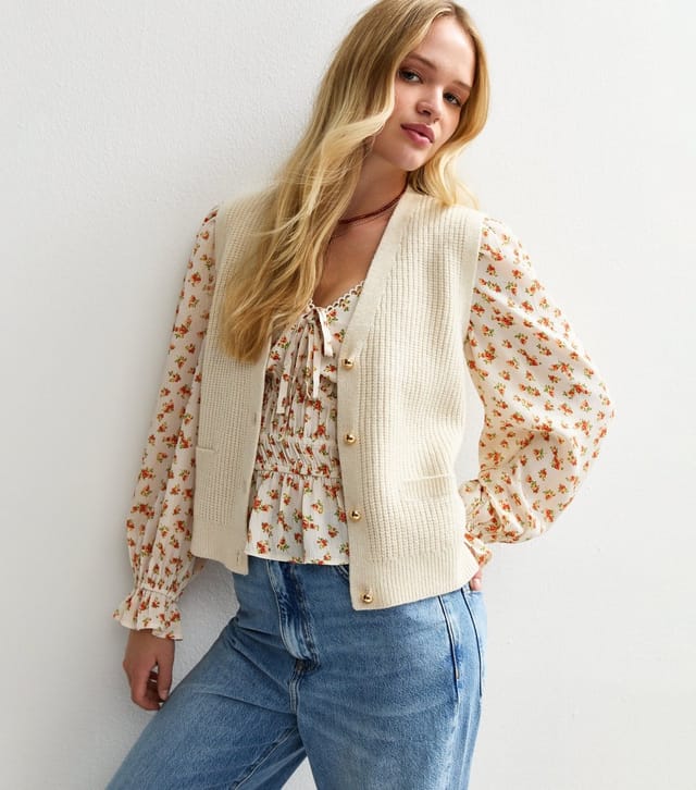 New Look Women's Cream Button Up Chunky Knit Waistcoat New Look - 3