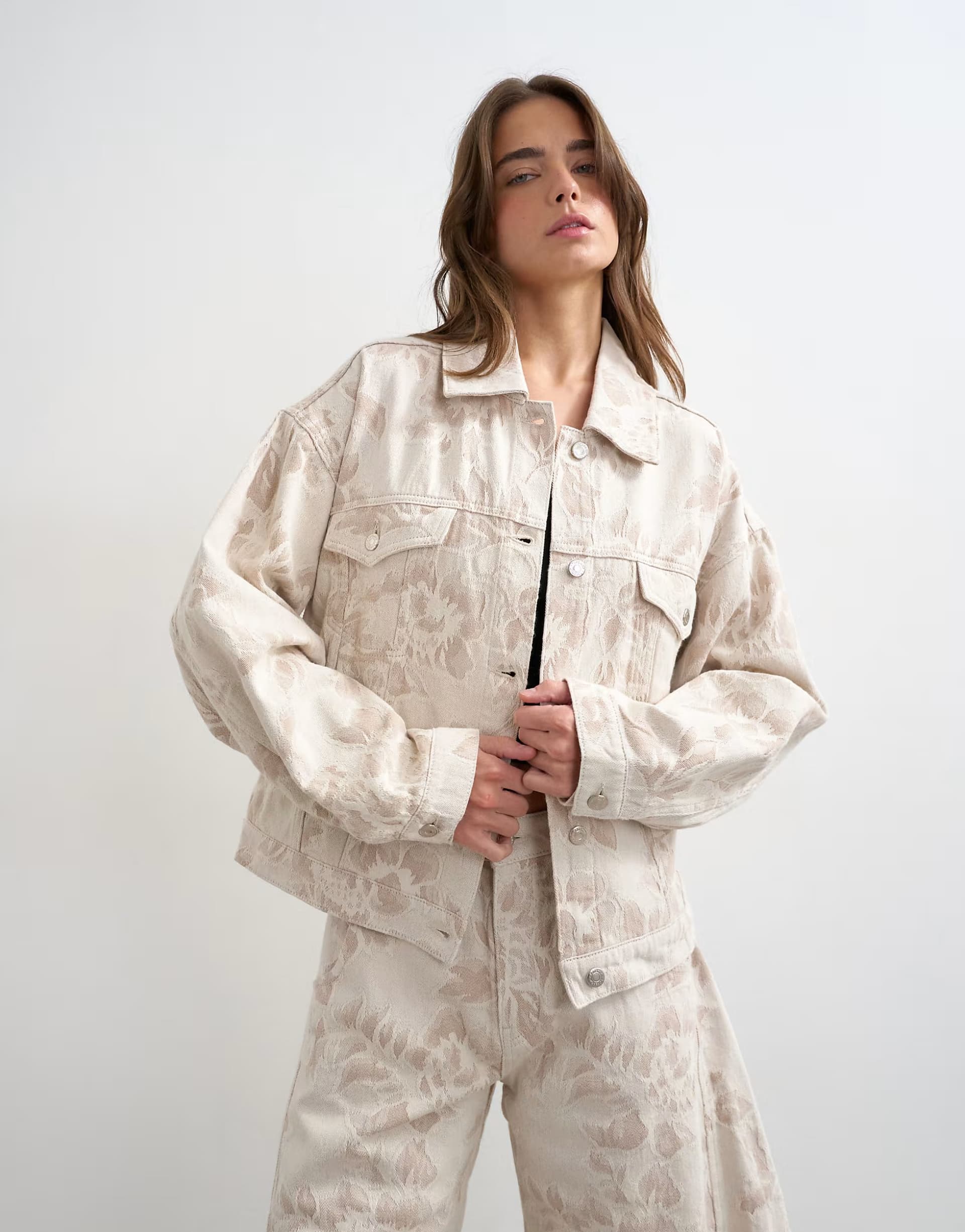 ASOS Topshop denim balloon jacket in ecru jacquard floral