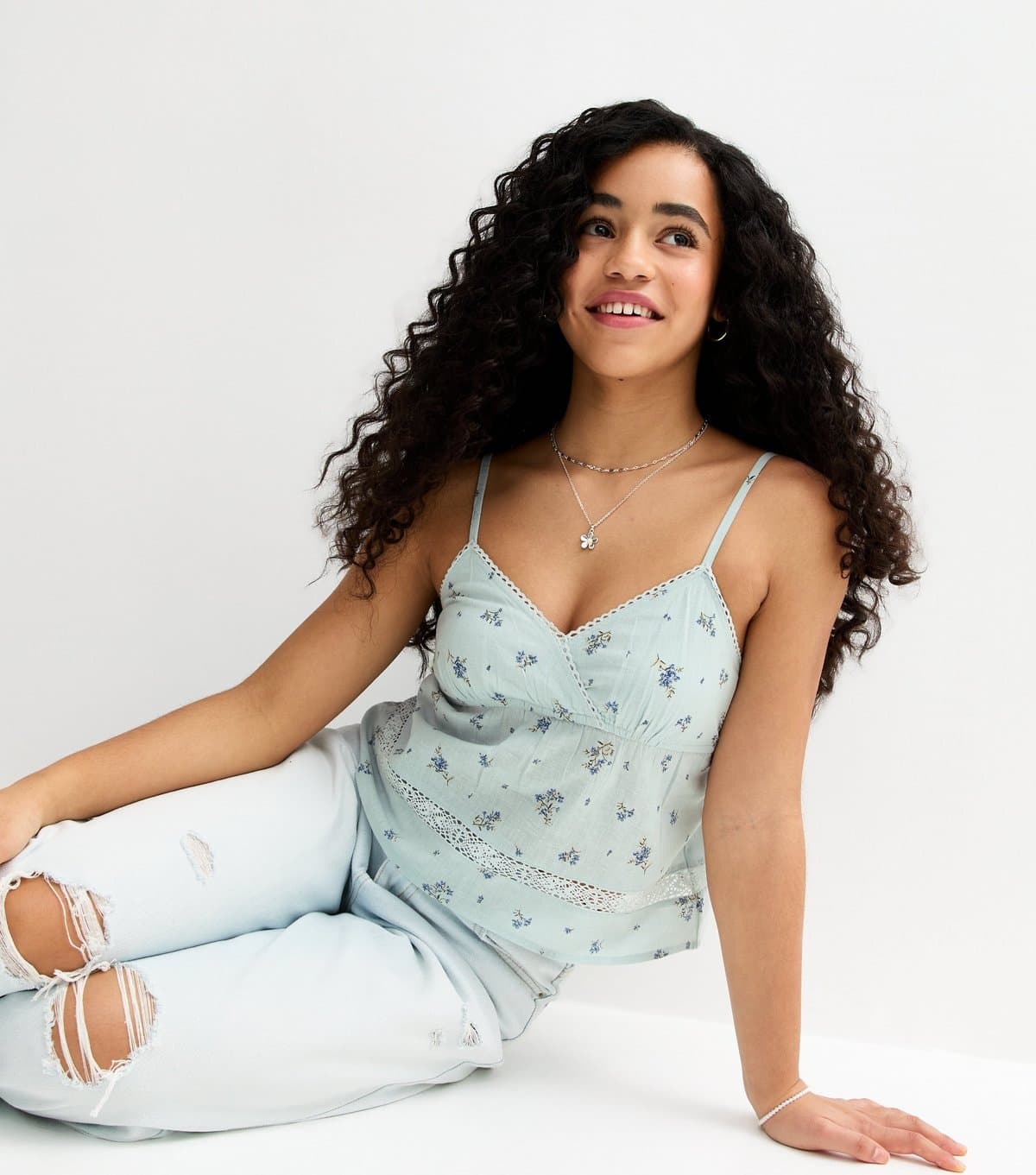 New Look Girls' Blue Cotton Floral Babydoll Cami Top New Look