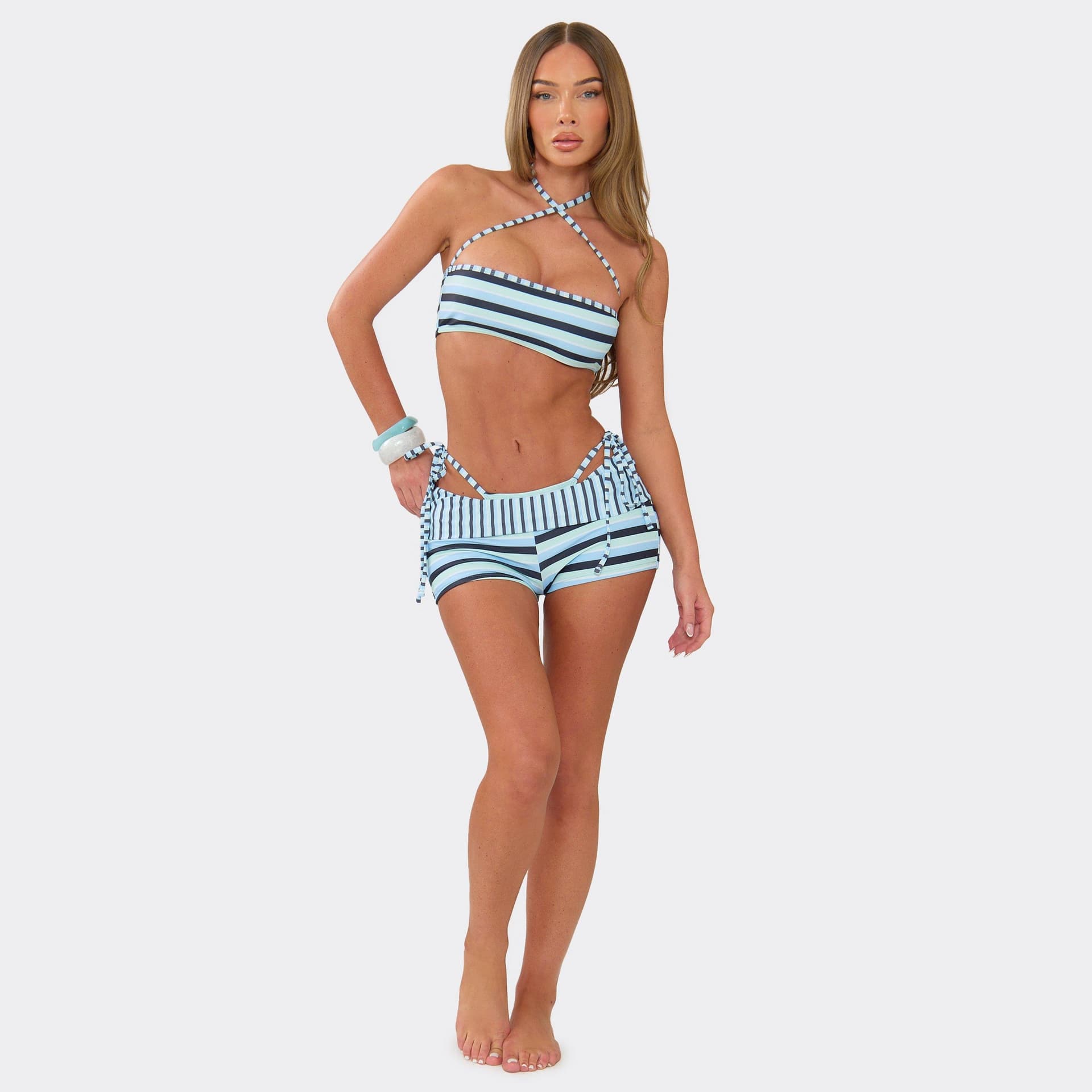 EGO Bandeau Cross Strap Bikini Set And Matching Shorts In Blue Contrast Stripe., Women's Size UK 6