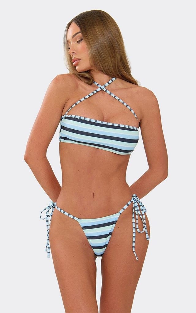 EGO Bandeau Cross Strap Bikini Set And Matching Shorts In Blue Contrast Stripe., Women's Size UK 6 - 2