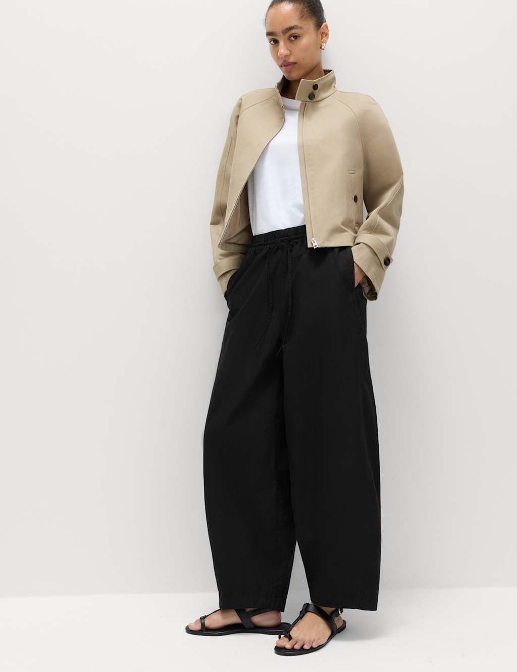 Marks & Spencer M&S Black Cotton Barrel Leg Ankle Grazer Trousers