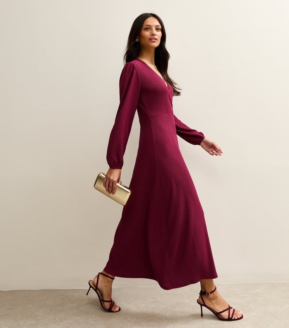 New Look New Look Dark Burgundy Crinkle Wrap Midi Dress