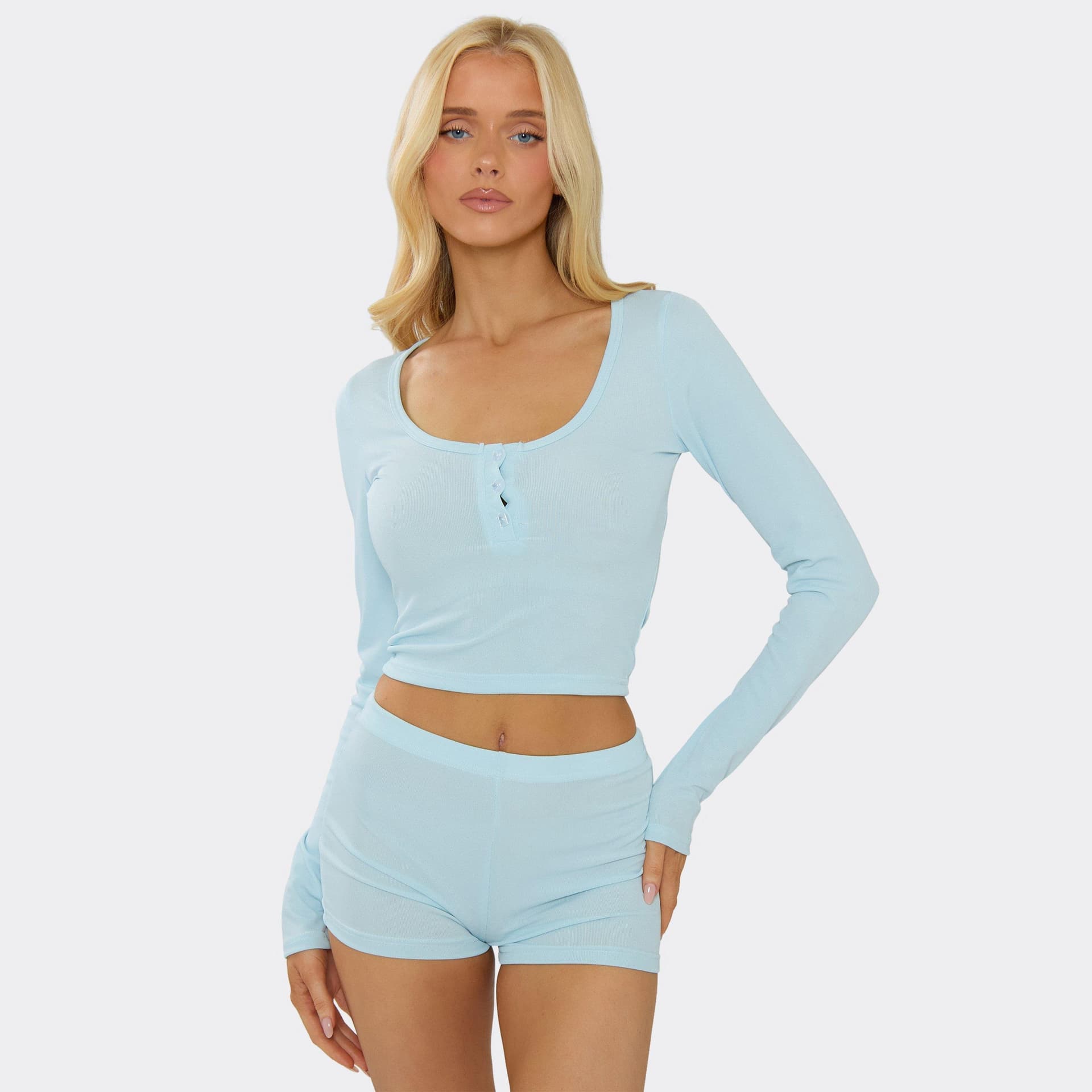 EGO Long Sleeve Button Front Top And Shorts Pyjama Set In Baby Blue, Women's Size UK L