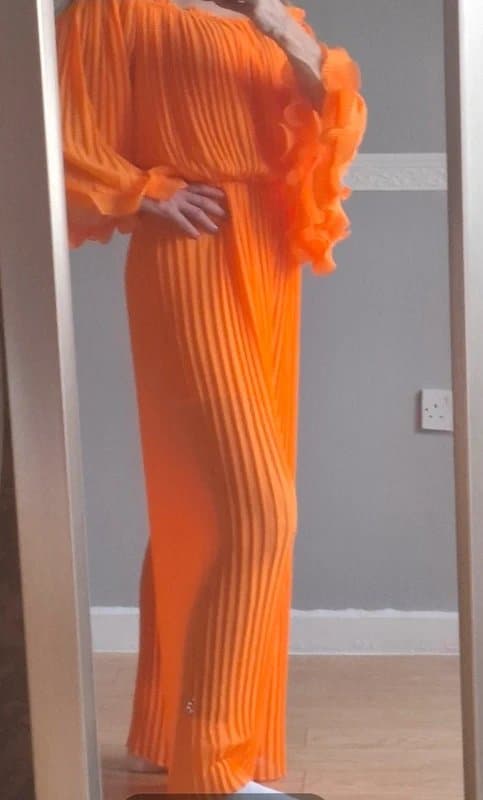 Boutique Bright Orange Pleated Off Shoulder Jumpsuit | Ruffle Sleeves | Size 8-10 | Only Tried On
