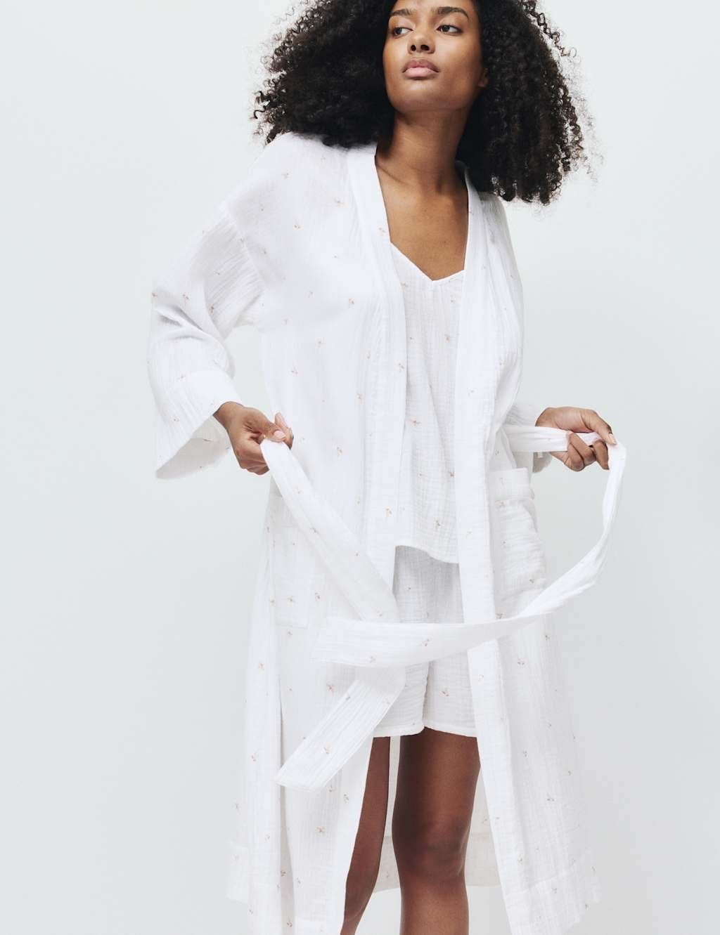 Marks & Spencer M&S Pure Cotton Muslin Floral Dressing Gown White Mix - 1