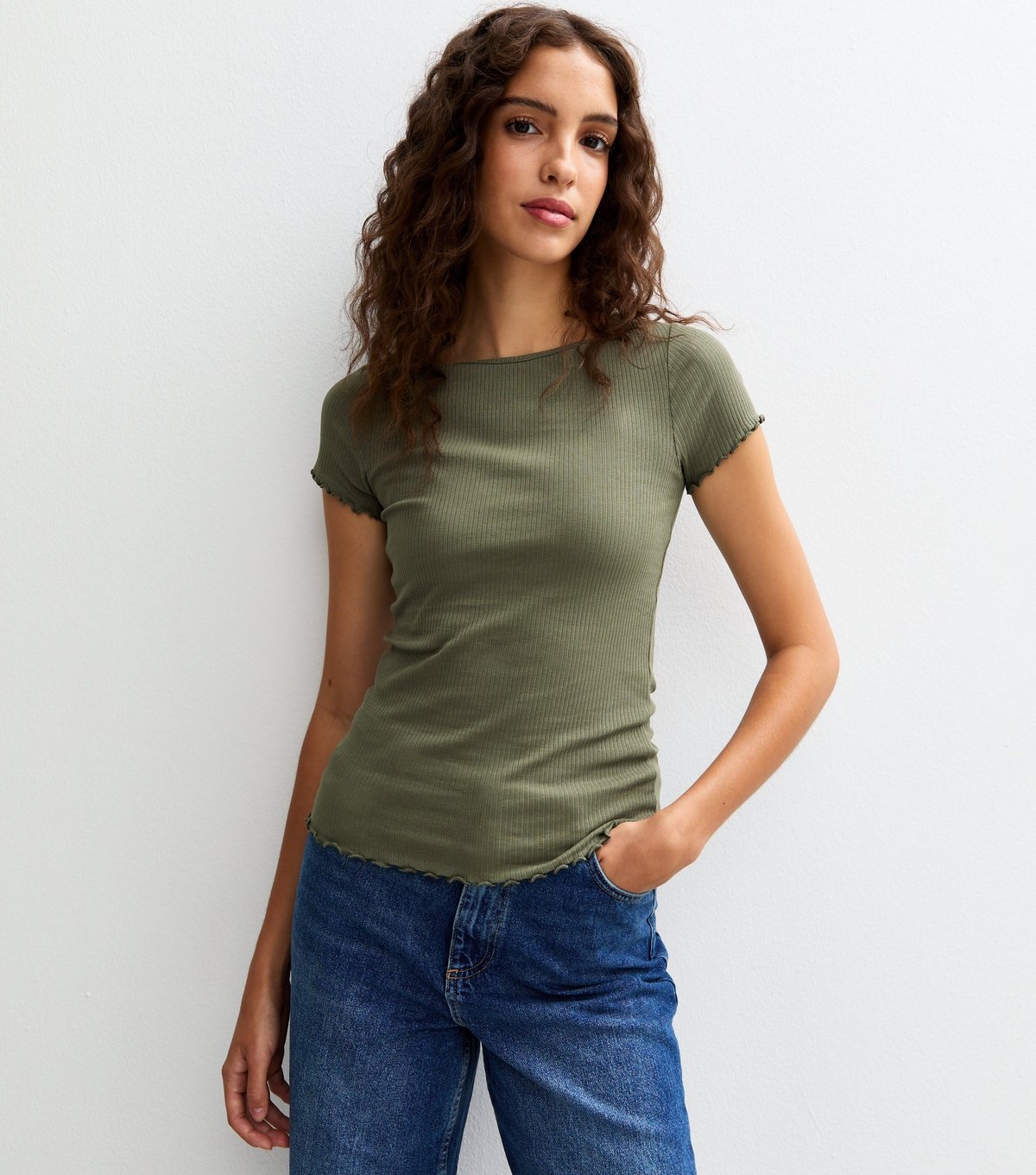 New Look Women's Tall Dark Khaki Ribbed Jersey Lettuce Trim Tee New Look - 2