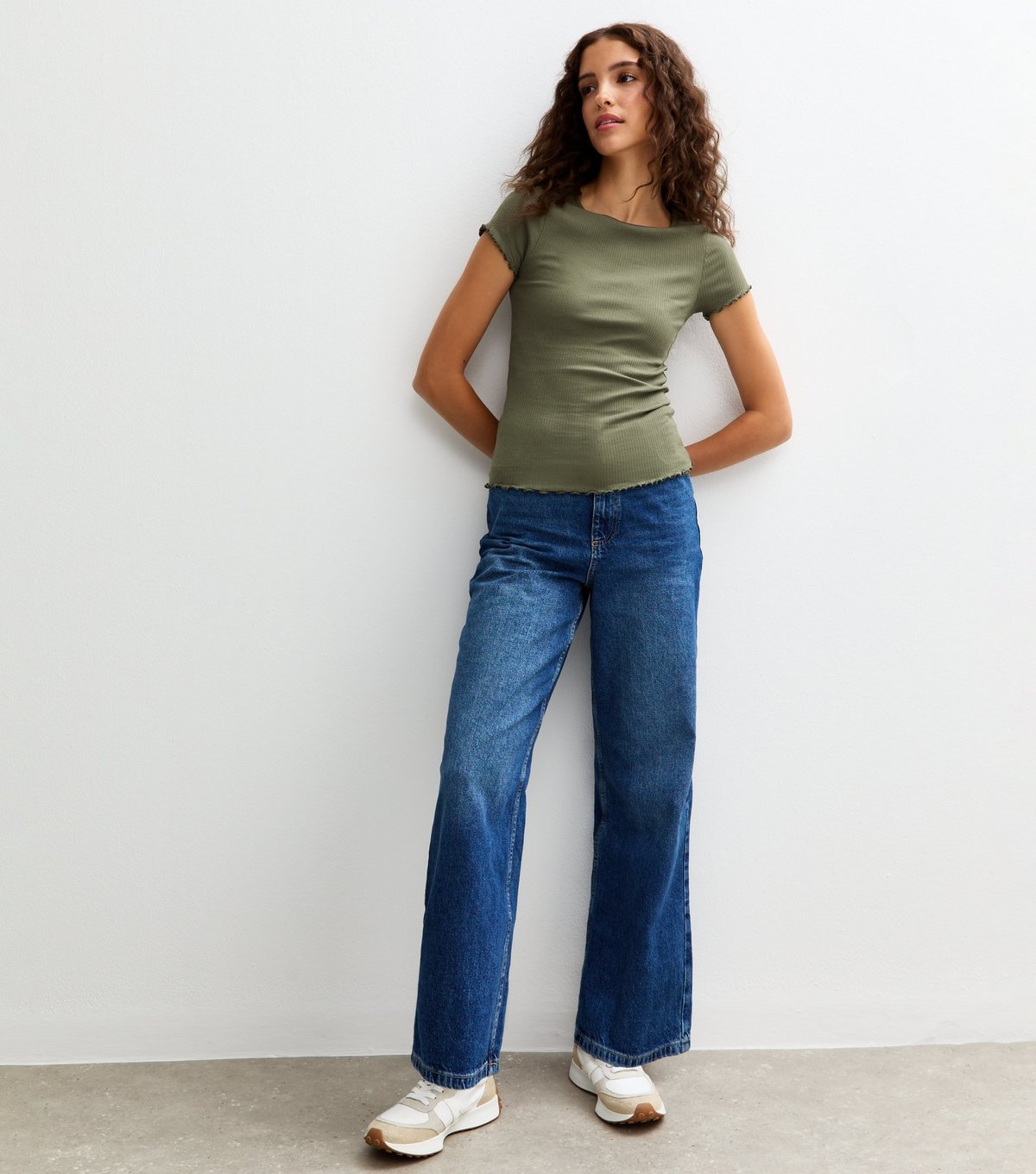 New Look Women's Tall Dark Khaki Ribbed Jersey Lettuce Trim Tee New Look - 3