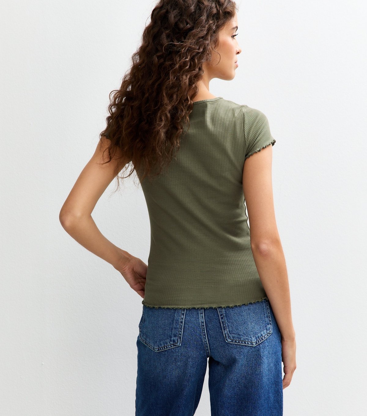 New Look Women's Tall Dark Khaki Ribbed Jersey Lettuce Trim Tee New Look - 4