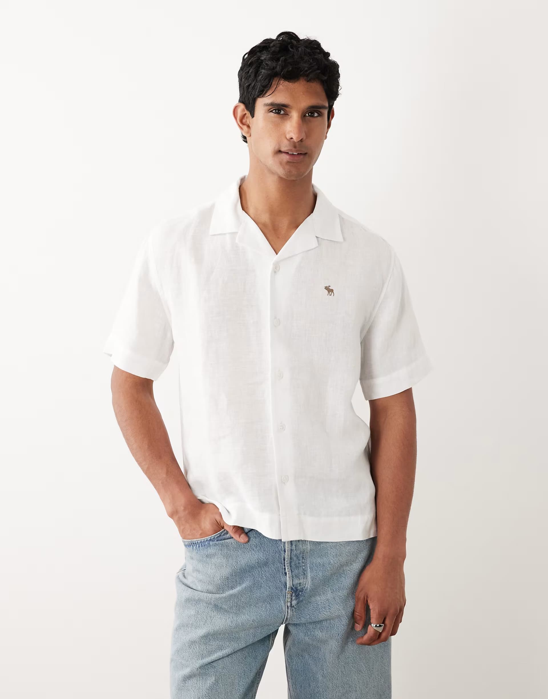 ASOS Abercrombie & Fitch icon logo 100% linen short sleeve shirt in white