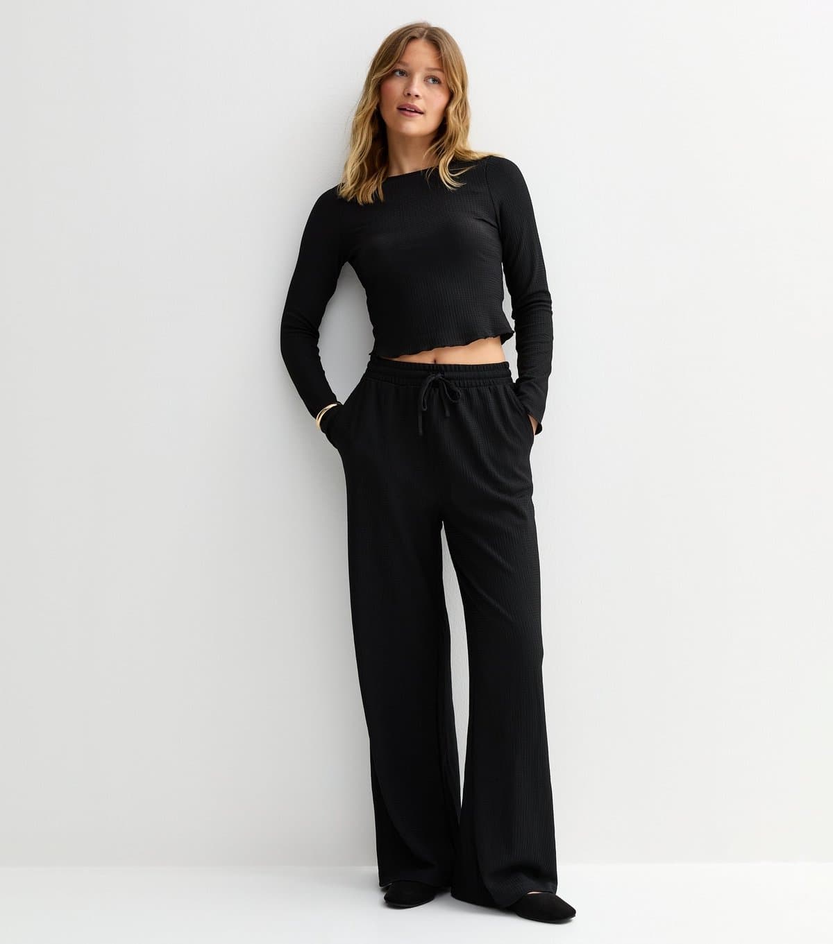New Look New Look Black Textured Wide Leg Trousers