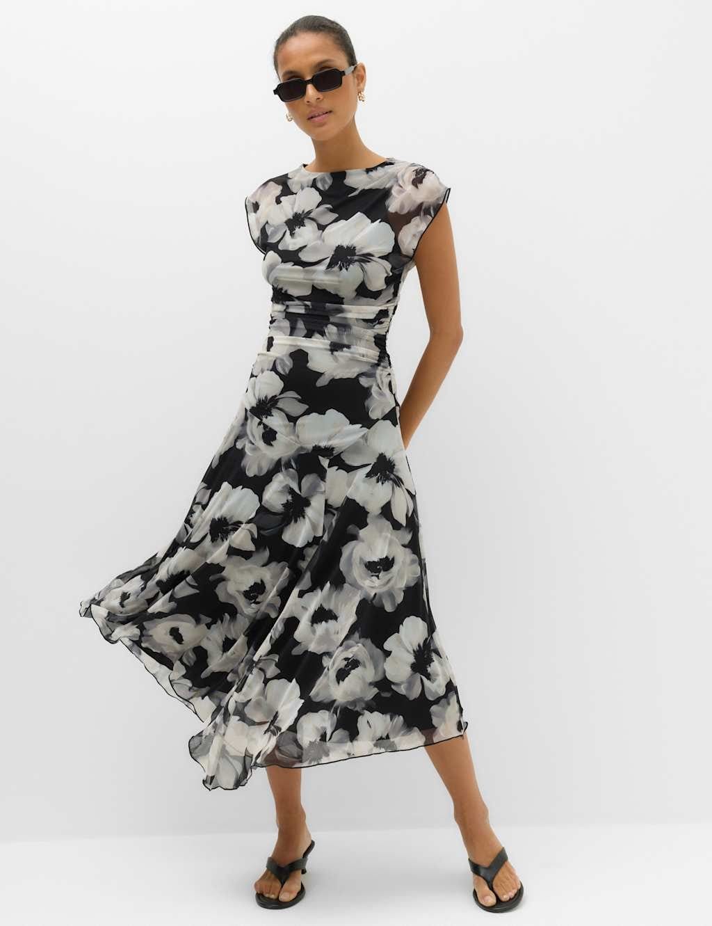 M&S Mesh Floral Ruched Midi Waisted Dress Black Mix