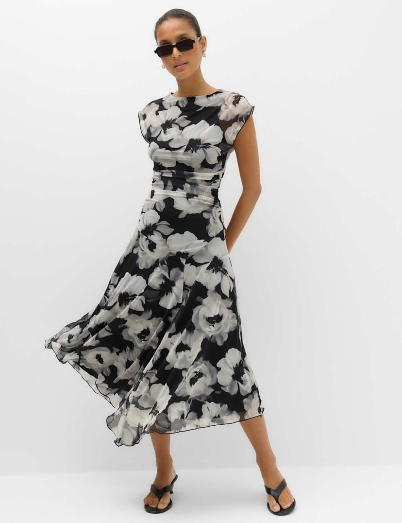 Marks & Spencer M&S Mesh Floral Ruched Midi Waisted Dress Black Mix - 1