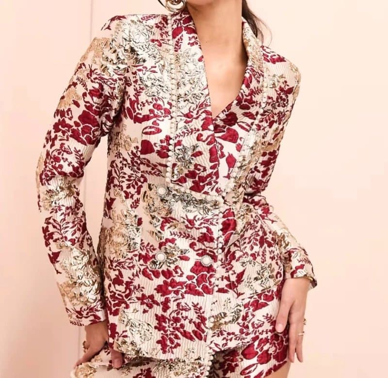 ASOS Asos Luxe jacquard tailored blazer with pearl embellishment in burgundy & gold floral print