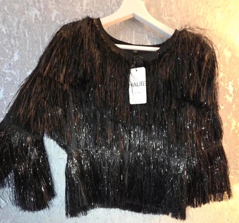Shein New black shiny tassel tinsel Christmas party new year jacket size 8 10 12 Shein going out medium - 1
