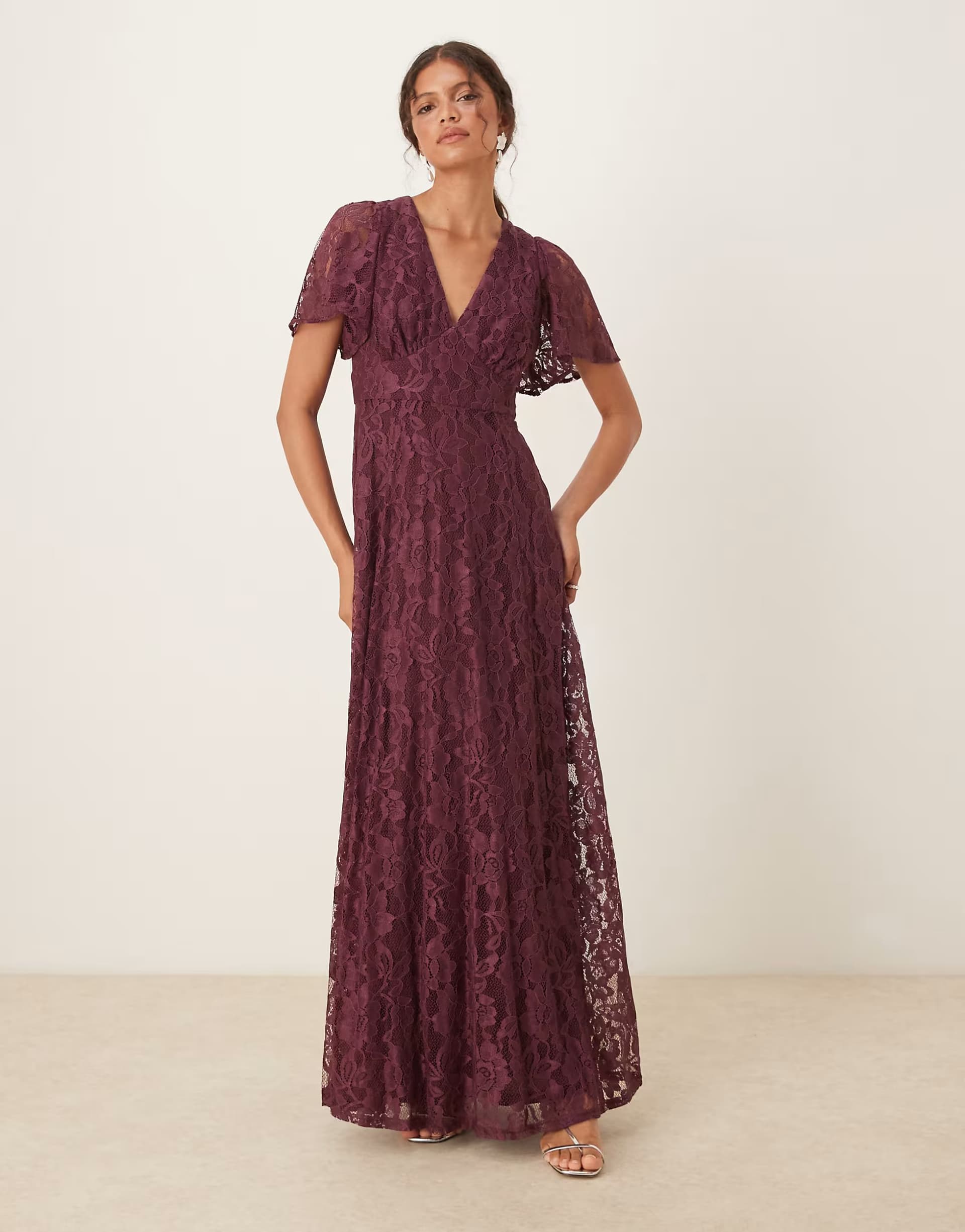 ASOS Maya Lace v neck angel sleeve maxi dress in berry