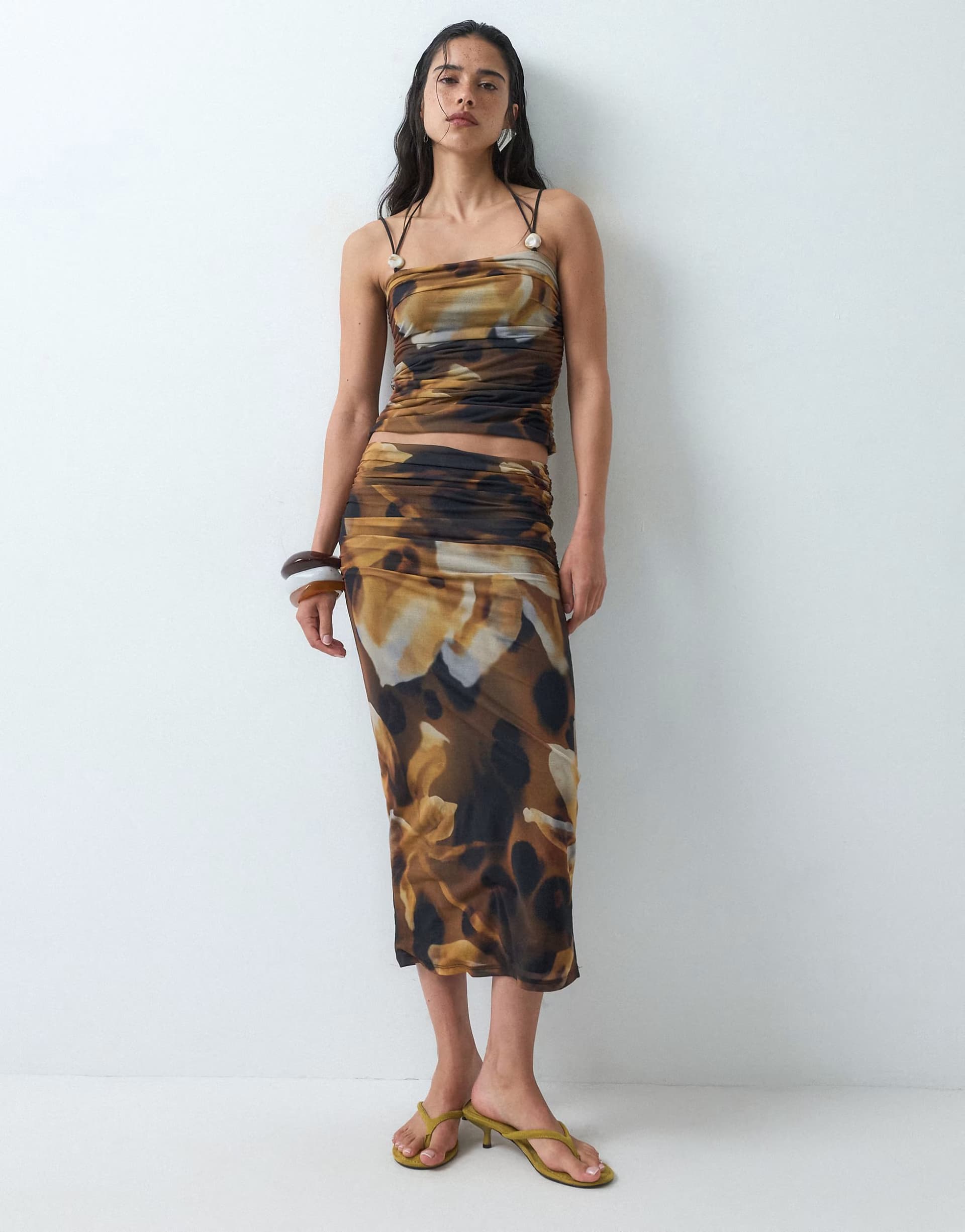 ASOS ASOS DESIGN mesh co-ord with ruching in blurred floral