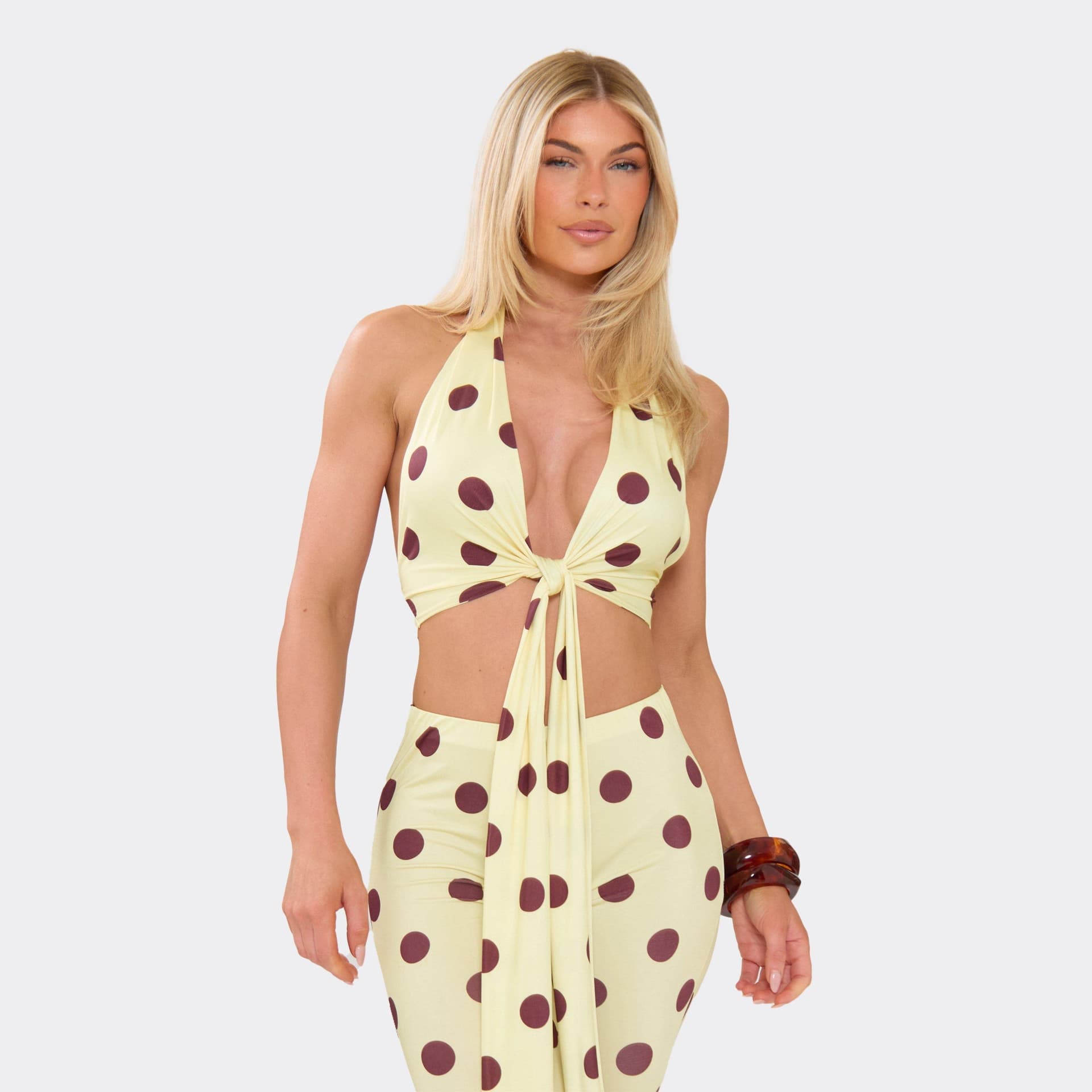 EGO Halter Neck Tie Detail Top In Yellow Polka Dot, Women's Size UK 6