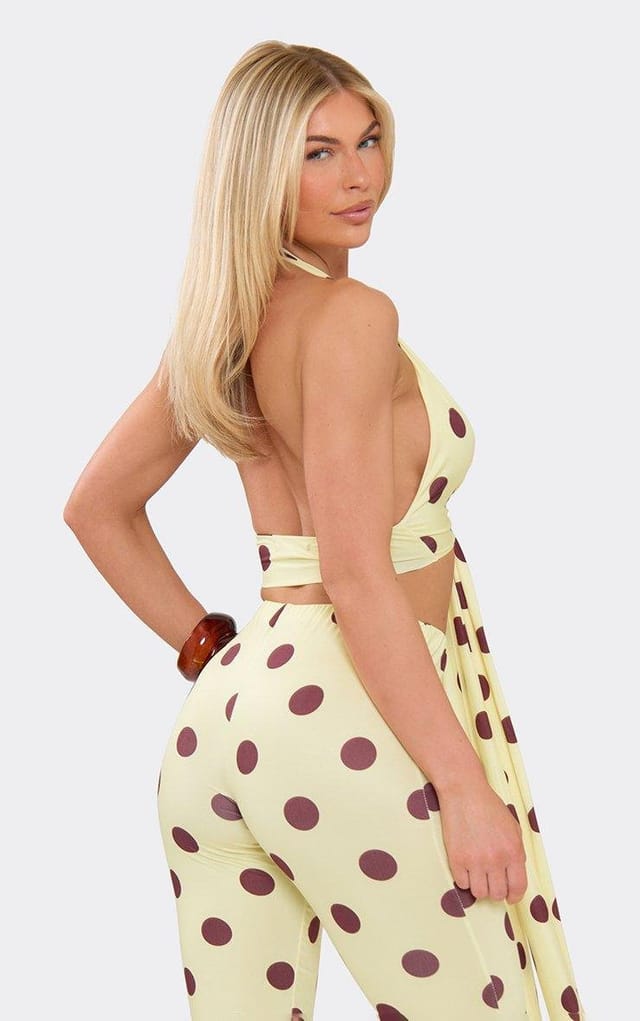 EGO Halter Neck Tie Detail Top In Yellow Polka Dot, Women's Size UK 6 - 2