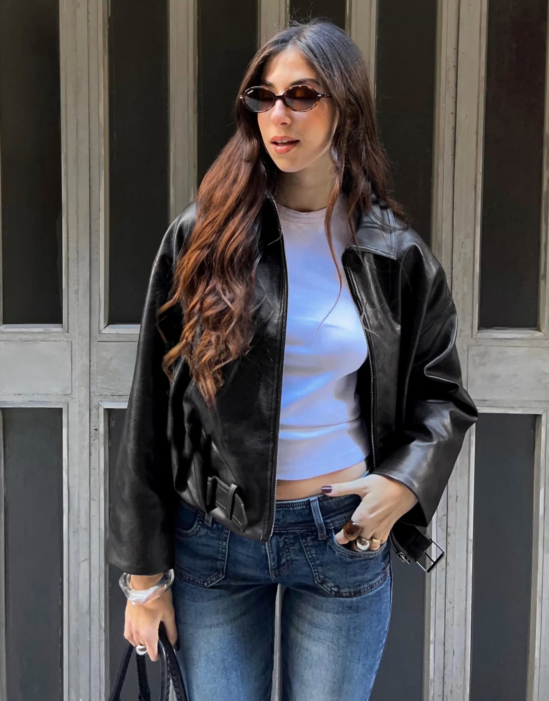 ASOS Bershka Belted faux leather jacket in black