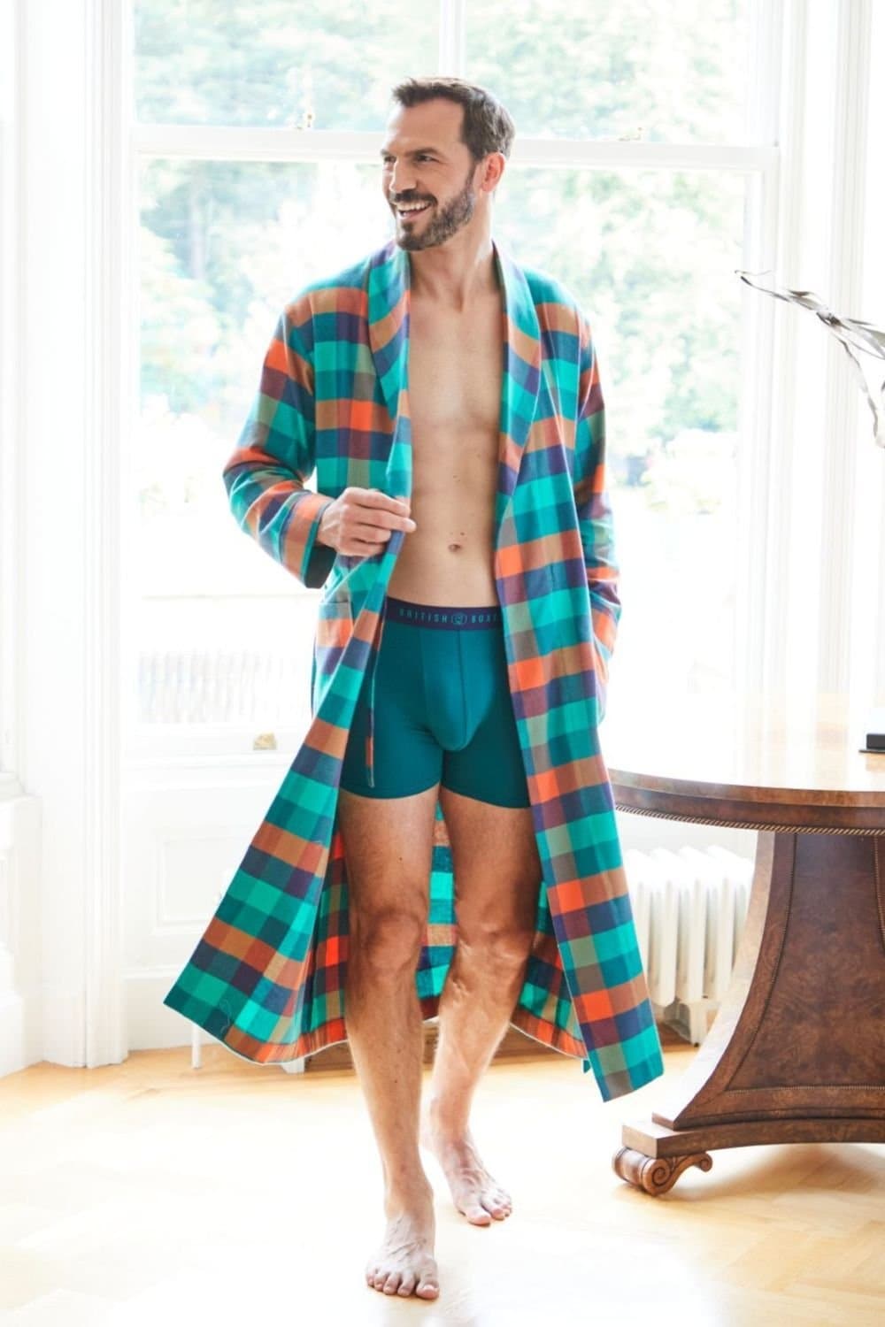 British Boxers British Boxers Men's "Acorn Squash" Check Brushed Cotton Dressing Gown in Dark Green