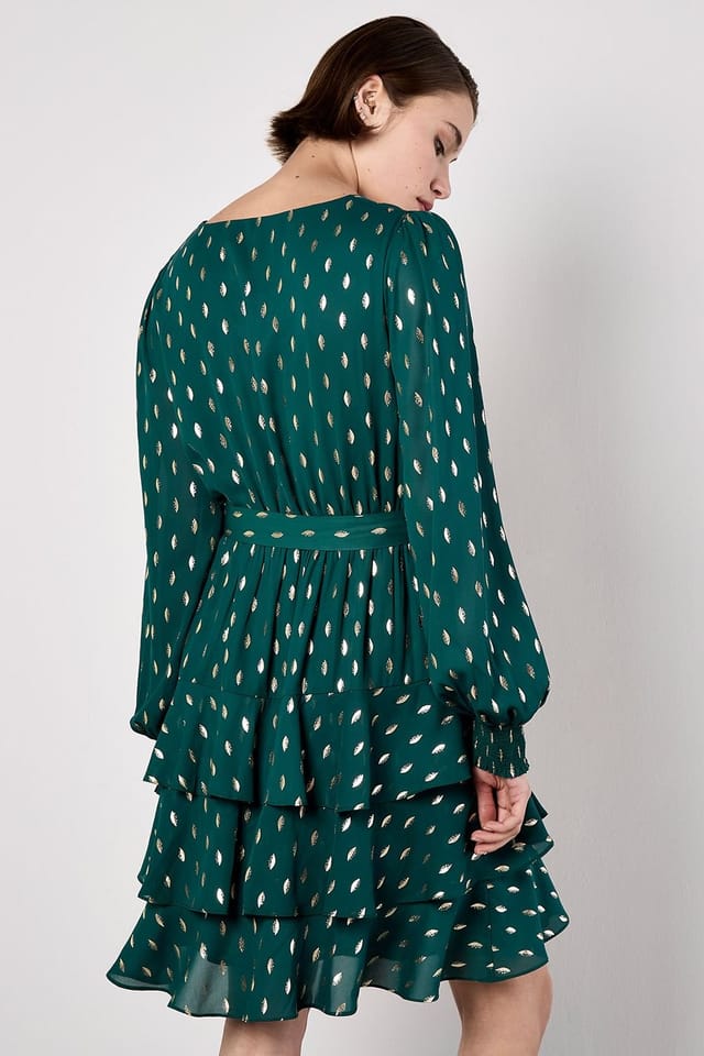 Apricot Apricot Women's Gold Foil Spot Tiered Mini Dress in Green - 3