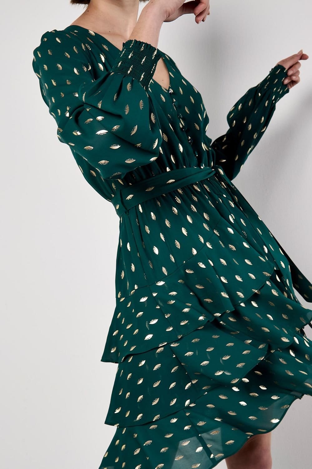 Apricot Apricot Women's Gold Foil Spot Tiered Mini Dress in Green - 4