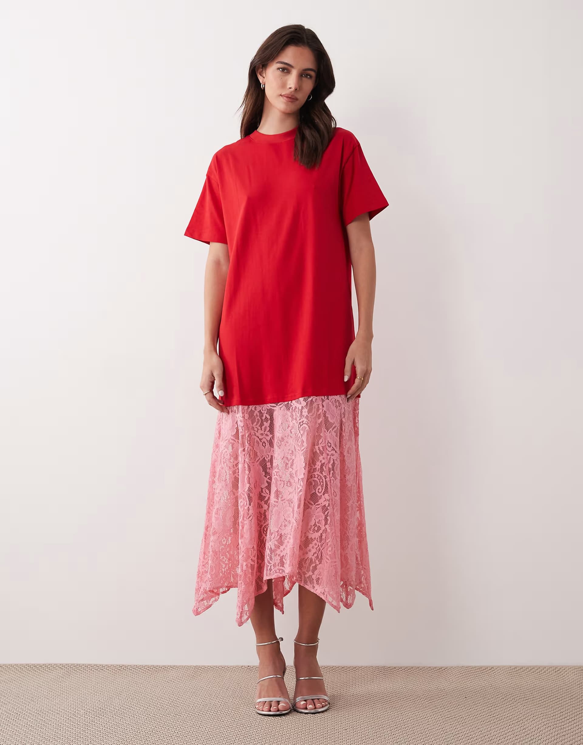ASOS Never Fully Dressed oversized jersey t-shirt lace skirt maxi dress in red and pink
