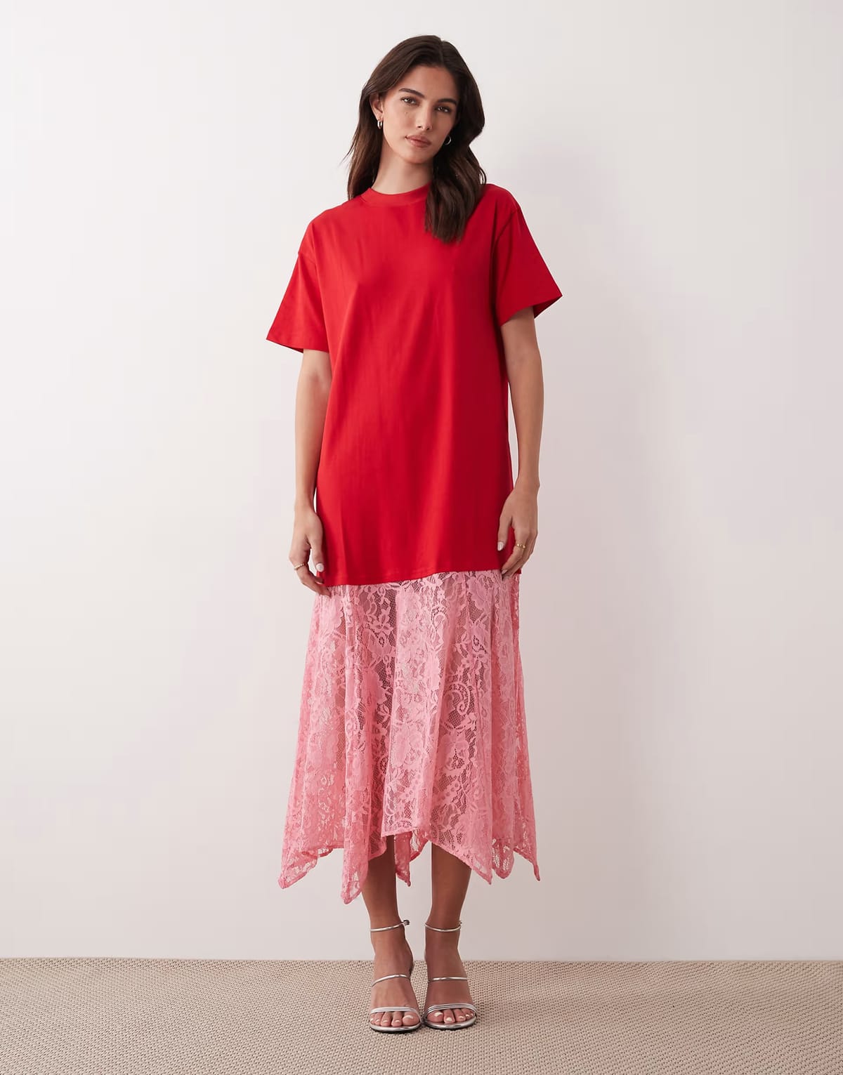 ASOS Never Fully Dressed oversized jersey t-shirt lace skirt maxi dress in red and pink - 1