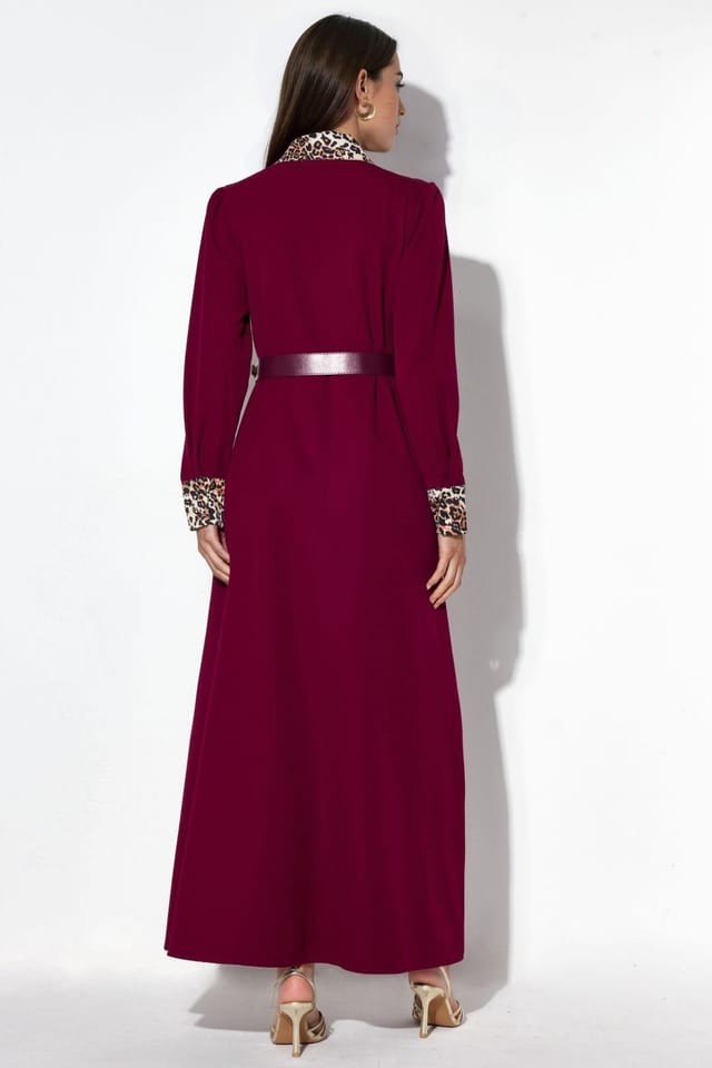 MSN Collection MSN Collection Women's Leopard Print Maxi Shirt Dress in Burgundy - 2