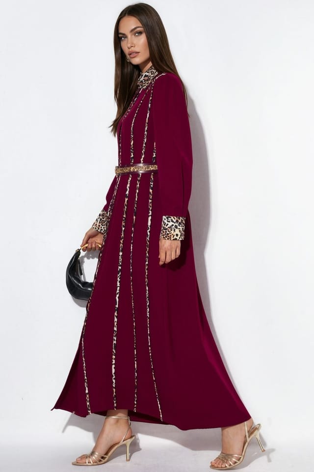 MSN Collection MSN Collection Women's Leopard Print Maxi Shirt Dress in Burgundy - 3