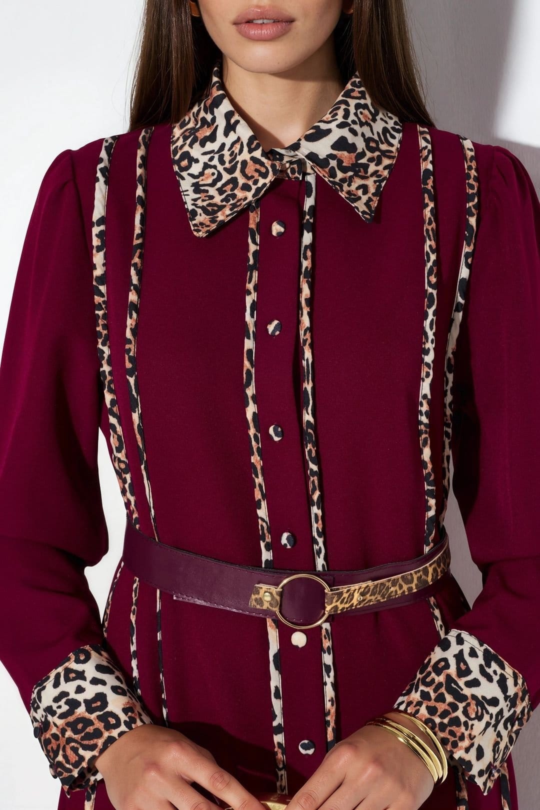 MSN Collection MSN Collection Women's Leopard Print Maxi Shirt Dress in Burgundy - 4