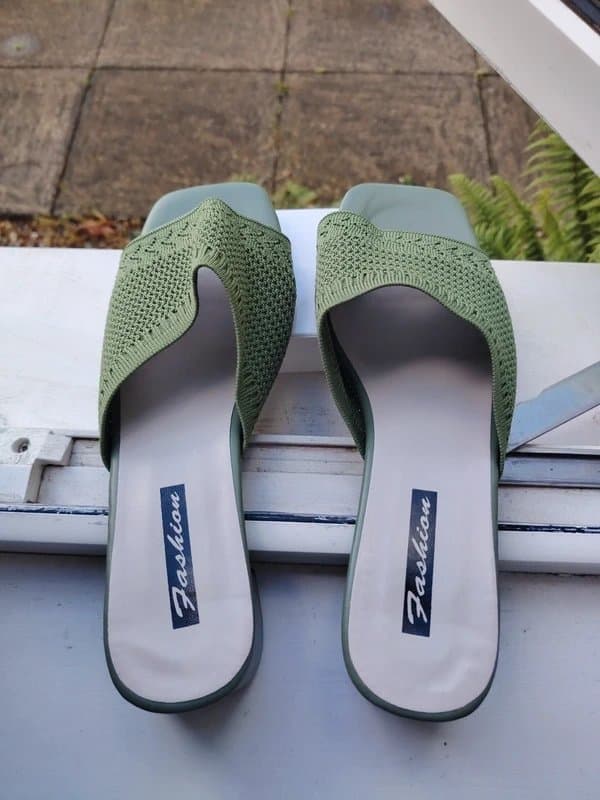 Fashion Elegant Sage Green Knit Mule Sandals UK 7 Slip On Block Heel Quiet Luxury Minimalist