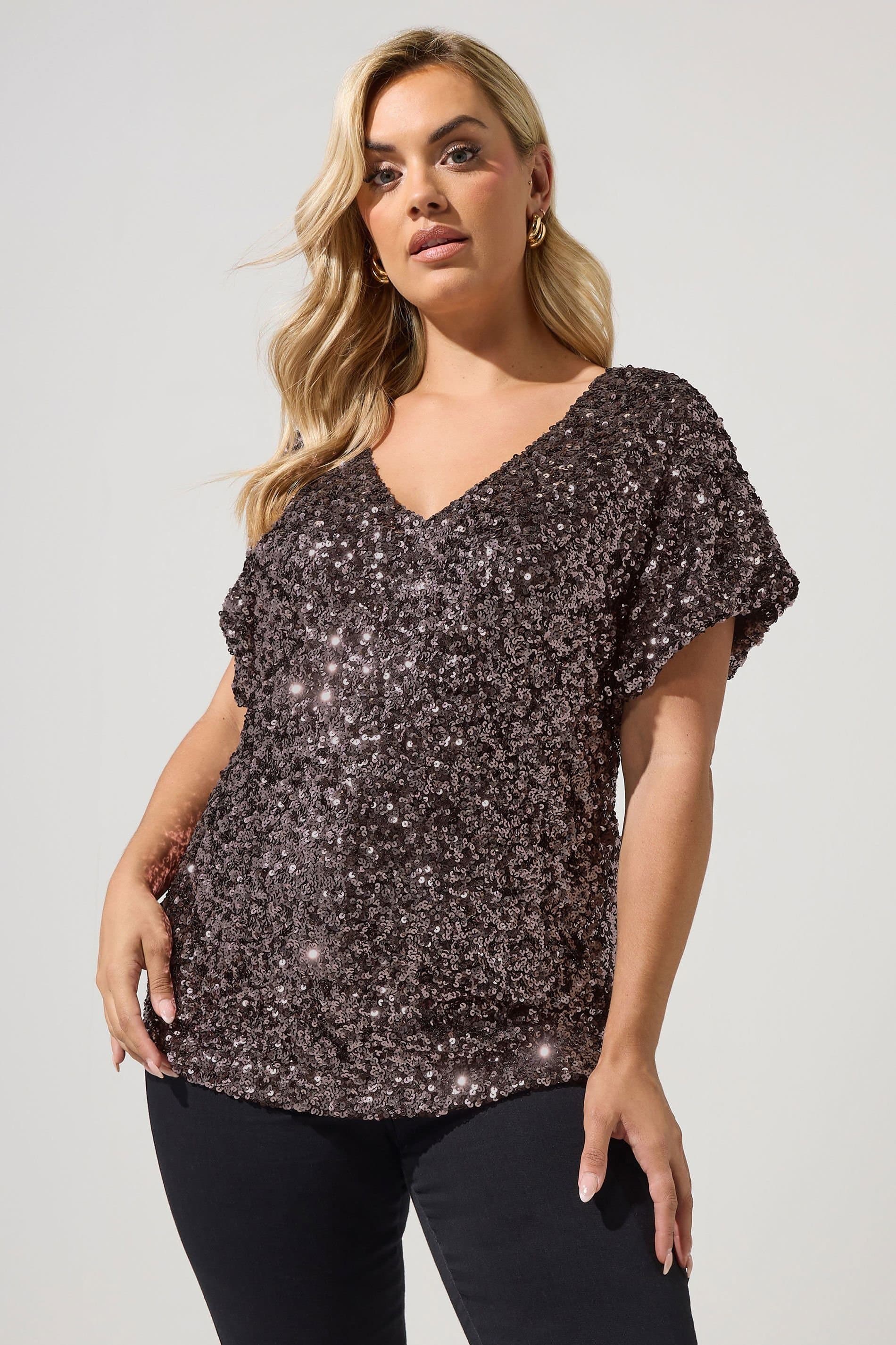 Yours Yours Women's Sequin Short Sleeve Top in Brown