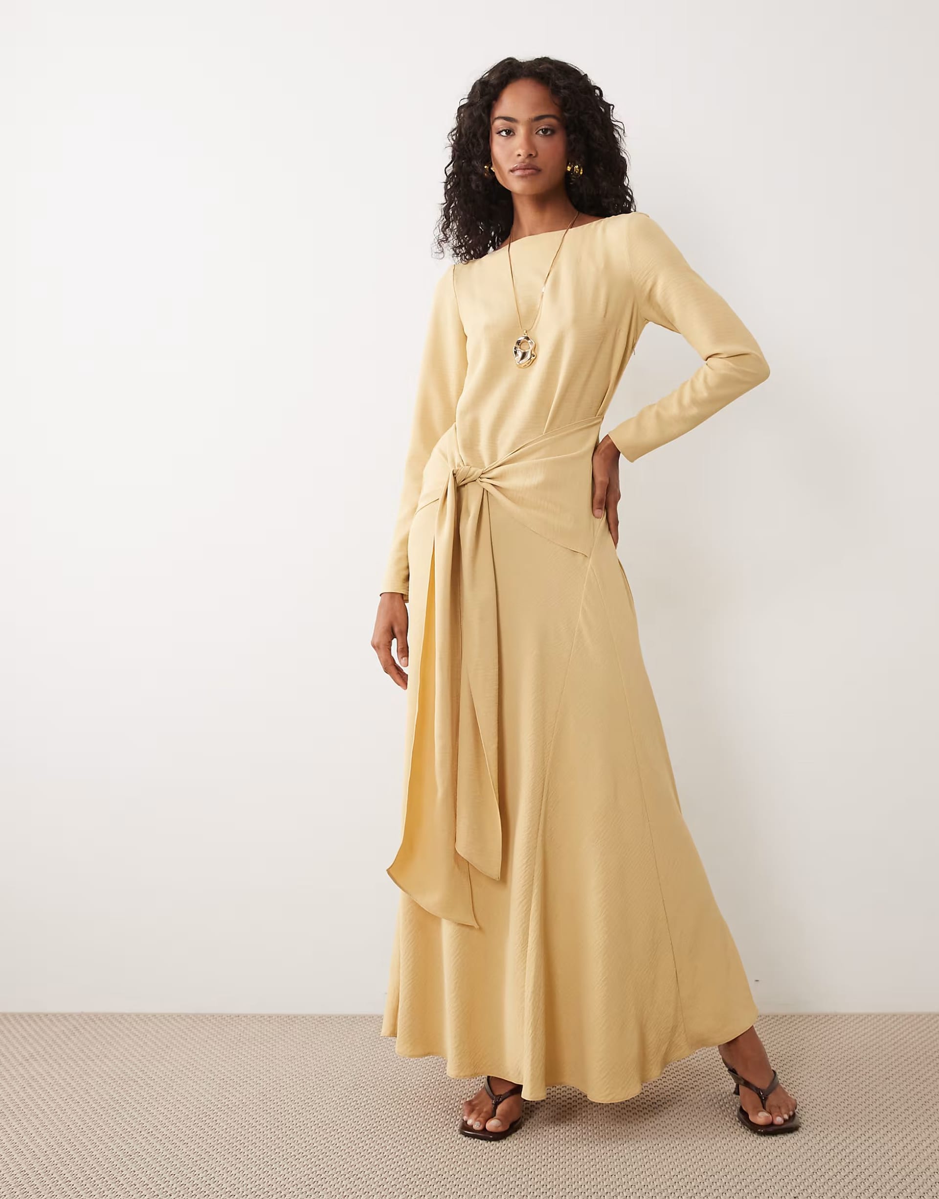 ASOS DESIGN Gold Long Sleeve Maxi Dress with Tie Detail