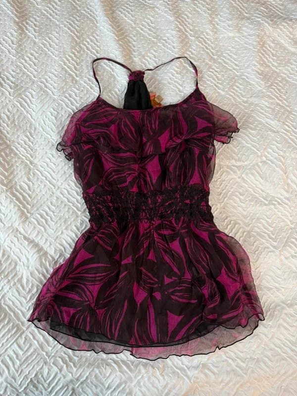 Forever 100% silk y2k purple and black floral ruffle cinch waist strappy cami top