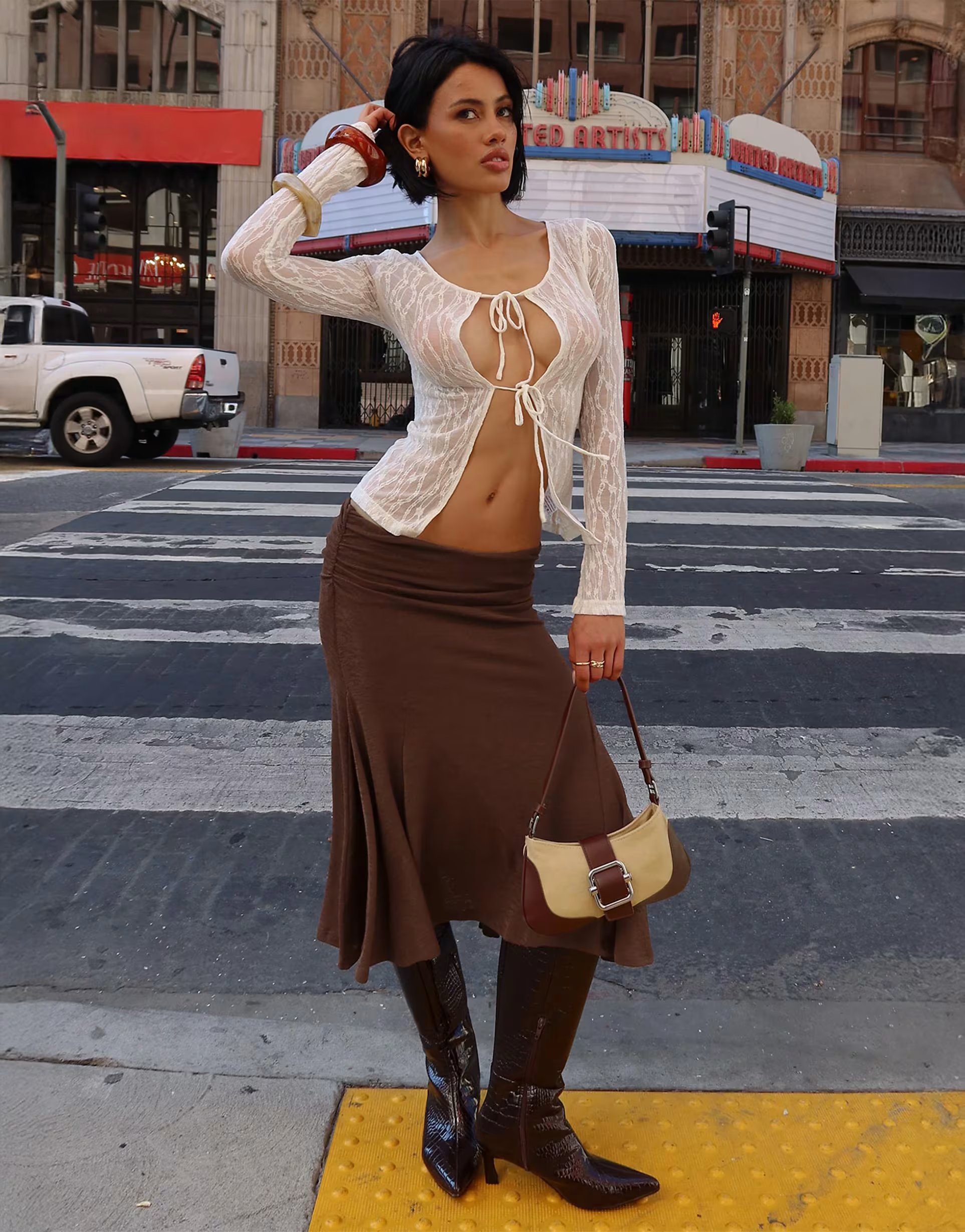 ASOS Princess Polly Lewish ruched detail pleated low rise midi skirt in chocolate - 1